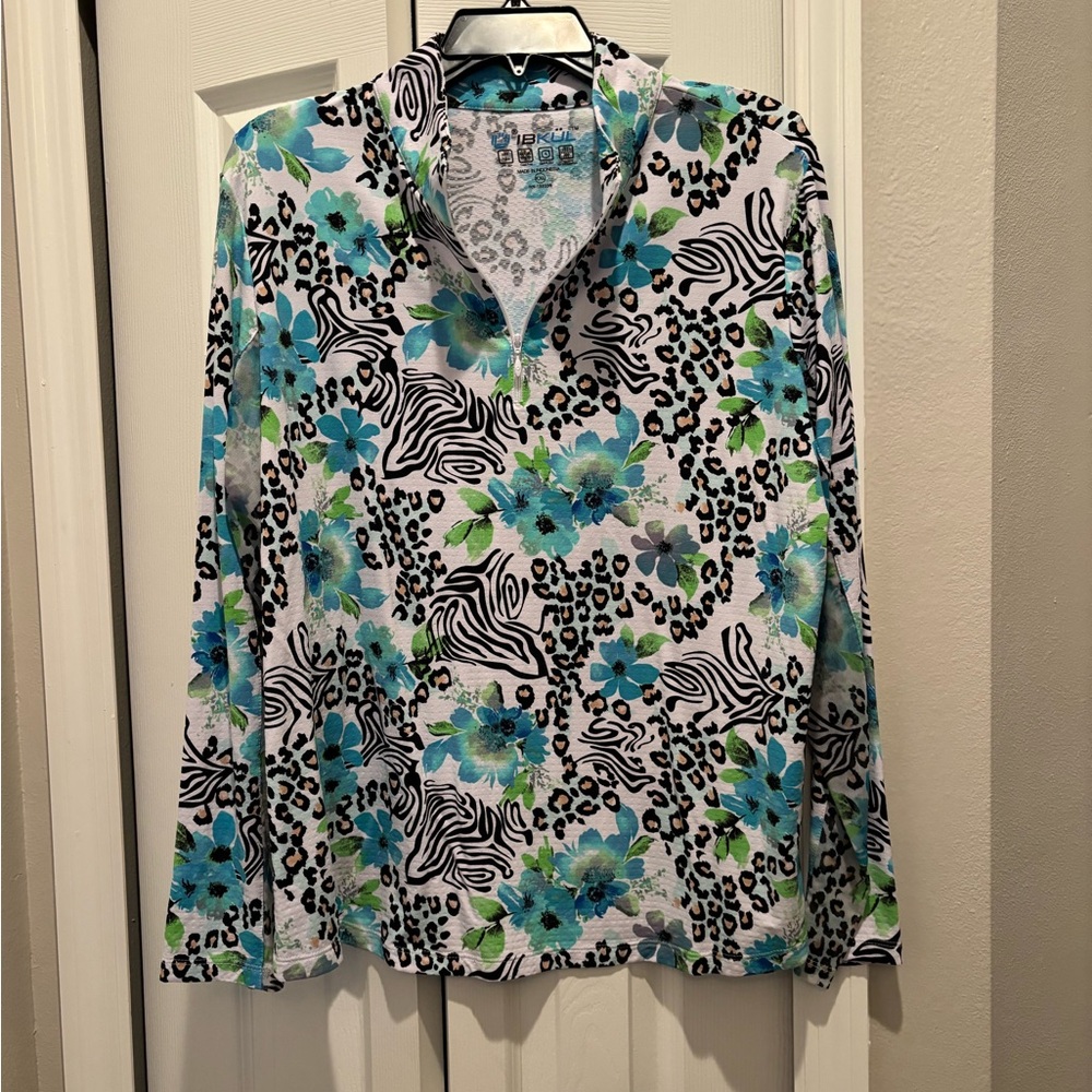 IBKUL Blue and Green Floral Animal Print Golf Shirt